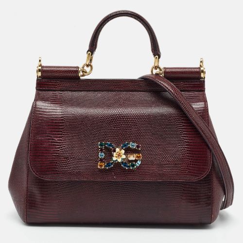 Sicily Crystal Logo Medium Lizard Embossed Leather Top Handle Bag - Dolce & Gabbana - Modalova