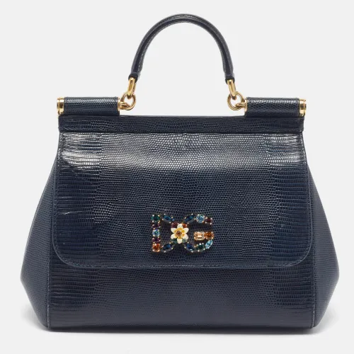 Miss Sicily Crystal DG Logo Medium Navy Lizard Embossed Leather Top Handle Bag - Dolce & Gabbana - Modalova