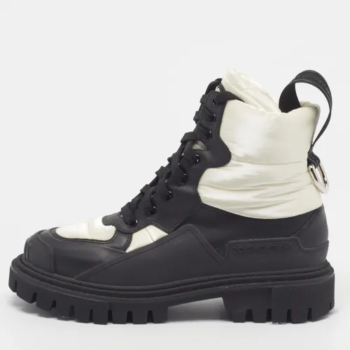 Size 39.5 /Black Leather and Nylon Combat Boots - Dolce & Gabbana - Modalova