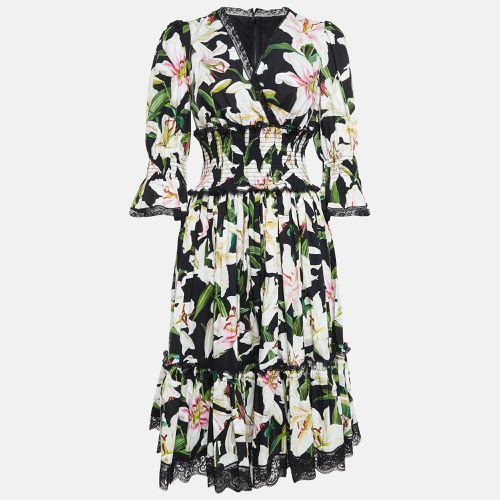 Dolce & Gabbana Black Lily Print Cotton and Lace Midi Length Dress M - Dolce & Gabbana - Modalova