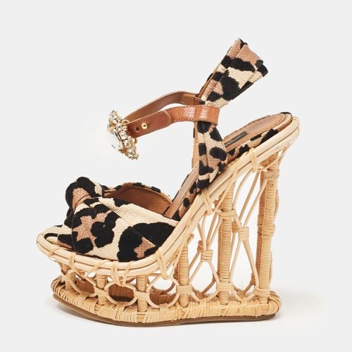 Dolce & Gabbana Beige/Black Leopard Print Straw Crystal Brooch Platform Sandals Size 36 - Dolce & Gabbana - Modalova