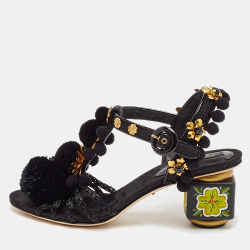 Dolce & Gabbana Black Fabric and Raffia Pom Pom Embellished T-Strap Sandals Size 35 - Dolce & Gabbana - Modalova