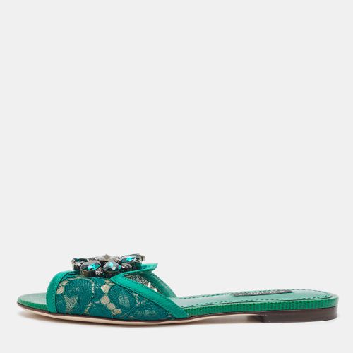 Dolce & Gabbana Green Lace Crystal Embellished Flat Slides Size 36 - Dolce & Gabbana - Modalova