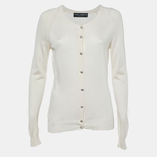 Dolce & Gabbana Cream Silk Knit Crystal Button Front Cardigan L - Dolce & Gabbana - Modalova