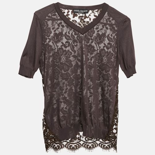 Dolce & Gabbana Brown Jersey and Lace V-Neck Top S - Dolce & Gabbana - Modalova