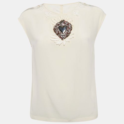 Dolce & Gabbana Cream Heart Plaque Lace Trim Silk Top M - Dolce & Gabbana - Modalova