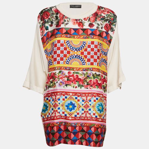 Dolce & Gabbana Red/ Ivory Floral Print Silk and Knit Blouse M - Dolce & Gabbana - Modalova