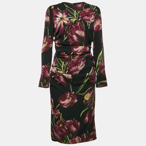 Dolce & Gabbana Black Flowers Print Silk Ruched Midi Dress L - Dolce & Gabbana - Modalova