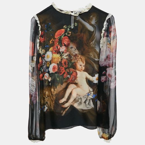 Dolce & Gabbana Black Cherub Print Lace Trimmed Silk Top S - Dolce & Gabbana - Modalova