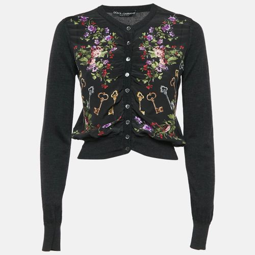 Dolce & Gabbana Black Floral Print Silk & Wool Knit Ruched Cardigan M - Dolce & Gabbana - Modalova