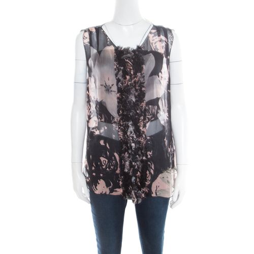 Dolce & Gabbana Black Floral Printed Sheer Silk Ruffled Applique Detail Sleeveless Top M - Dolce & Gabbana - Modalova