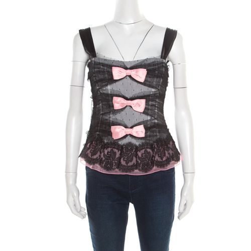 Dolce & Gabbana Black Dotted Tulle and Lace Bow Detail Corset Top M - Dolce & Gabbana - Modalova