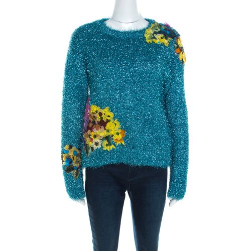 Dolce & Gabbana Metallic Blue Tinsel Rib Knit Floral Applique Sweater S - Dolce & Gabbana - Modalova