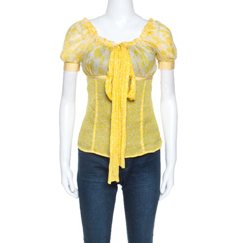 D&G Yellow Floral Print Sheer Silk Crepe Elasticized Neck Blouse S - Dolce & Gabbana - Modalova