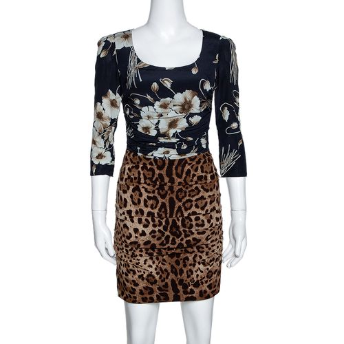 Dolce & Gabbana Brown Mixed Print Silk Ruched Dress S - Dolce & Gabbana - Modalova