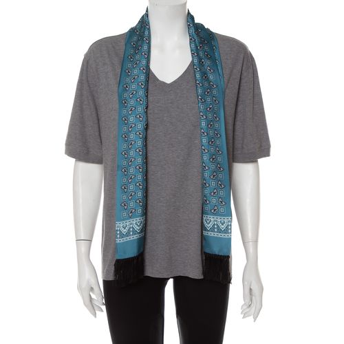 Dolce & Gabbana Grey Cotton V-Neck T-Shirt with Butterfly Printed Tasseled Silk Scarf S - Dolce & Gabbana - Modalova