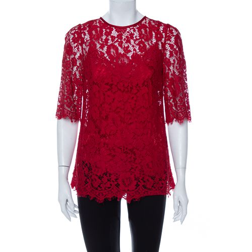 Dolce & Gabbana Red Lace Quarter Sleeve Top M - Dolce & Gabbana - Modalova