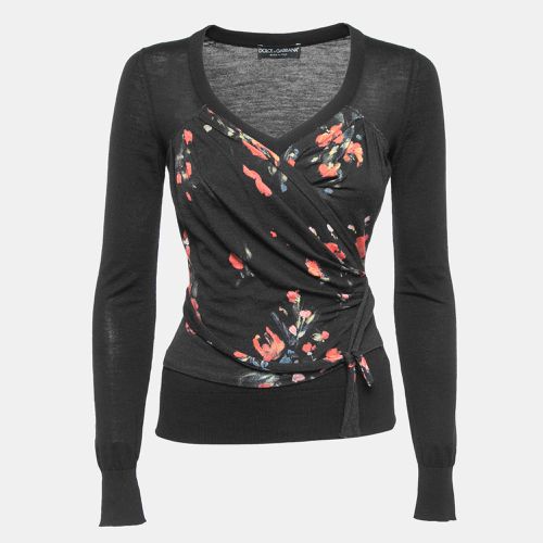 Dolce & Gabbana Black Floral Print Knit Draped Long Sleeve Top S - Dolce & Gabbana - Modalova