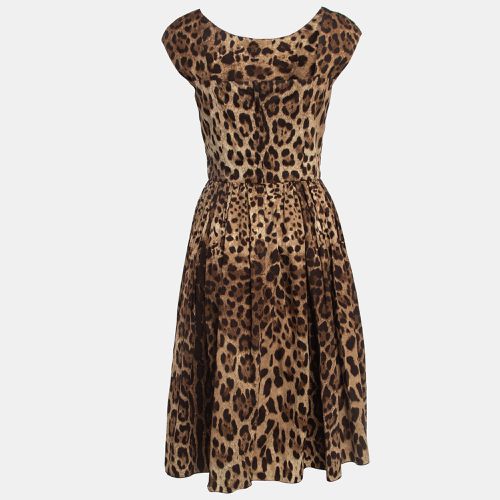 Dolce & Gabbana Brown Leopard Print Cotton Gathered Midi Dress S - Dolce & Gabbana - Modalova