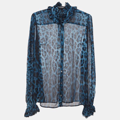 Dolce & Gabbana Blue Leopard Print Silk Ruffled Semi Sheer Shirt S - Dolce & Gabbana - Modalova