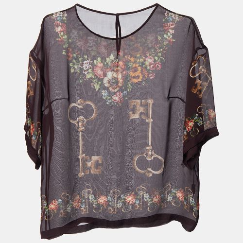 Deep Maroon Floral Key Print Silk Sheer Blouse S - Dolce & Gabbana - Modalova