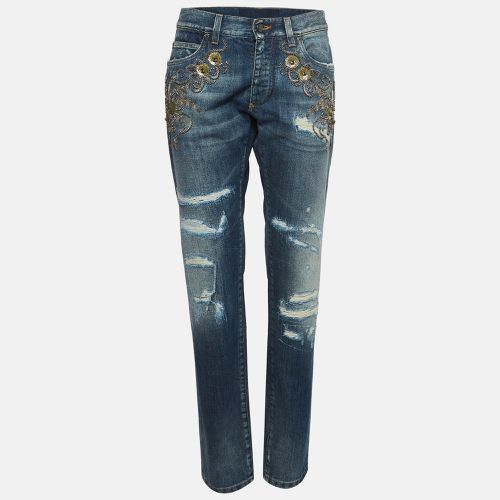 Dolce & Gabbana Navy Blue Ripped Denim Crystal Embellished Jeans L Waist 33" - Dolce & Gabbana - Modalova