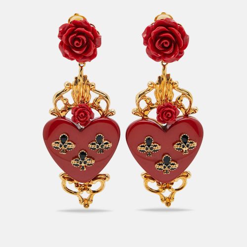 Dolce & Gabbana Fleur de Lis Heart Resin Enamel Gold Tone Long Earrings - Dolce & Gabbana - Modalova