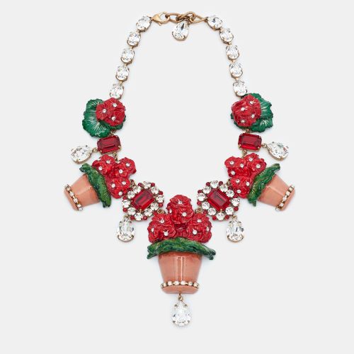 Crystal Geranium Pot Flower Necklace Chocker Tone Red Green Necklace - Dolce & Gabbana - Modalova