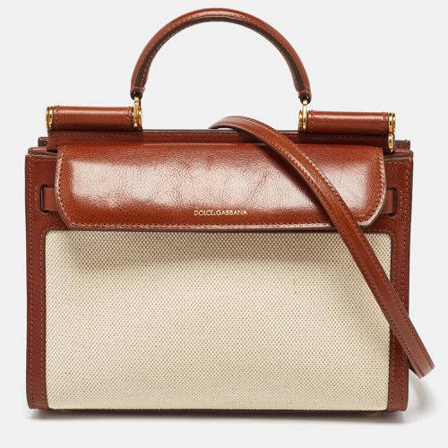 Dolce & Gabbana Brown/Cream Canvas and Leather Medium Sicily 62 Top Handle Bag - Dolce & Gabbana - Modalova