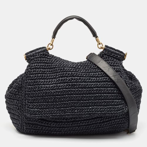 Dolce & Gabbana Black Crochet Straw and Leather Large Miss Sicily Top Handle Bag - Dolce & Gabbana - Modalova