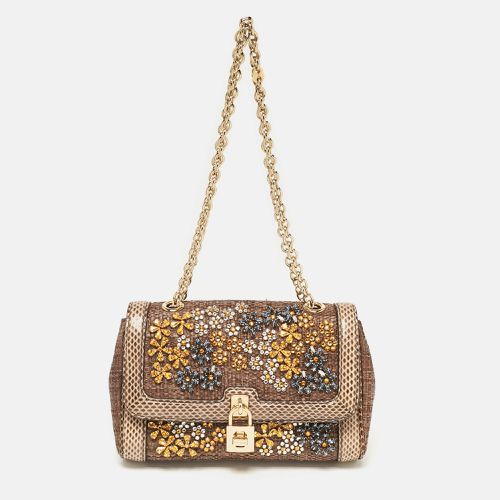 Dolce & Gabbana Brown Raffia and Snakeskin Crystals Embellished Padlock Shoulder Bag - Dolce & Gabbana - Modalova