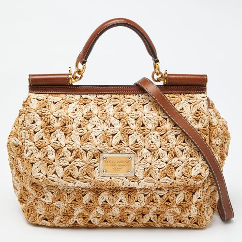 Dolce & Gabbana Beige/Brown Crochet Raffia and Leather Large Miss Sicily Top Handle Bag - Dolce & Gabbana - Modalova