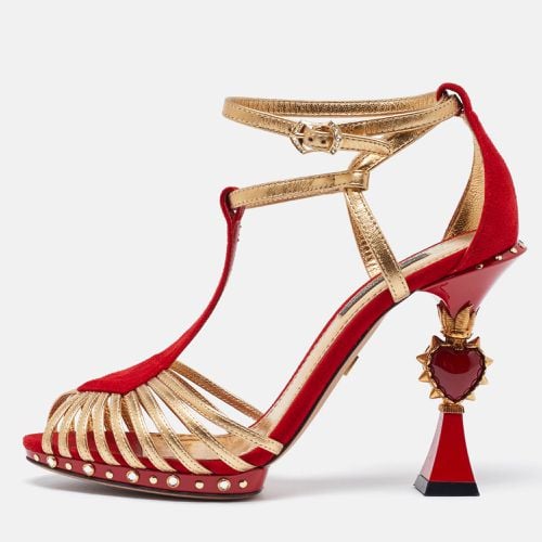 Dolce & Gabbana Red/Gold Leather and Suede Sculpted Ankle Strap Sandals Size 36.5 - Dolce & Gabbana - Modalova