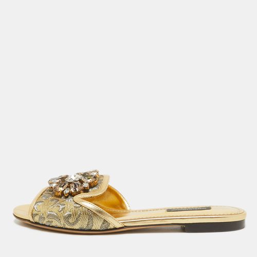 Brocade Fabric and Leather Crystal Embellished Flat Slides Size 36 - Dolce & Gabbana - Modalova