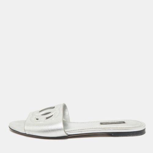 Dolce & Gabbana Metallic Silver Leather Logo Flat Slide Sandals Size 37 - Dolce & Gabbana - Modalova