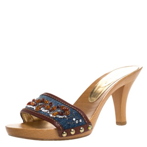 Dolce & Gabbana Blue/Brown Denim And Leather Trim Embellished Slide Sandals Size 36 - Dolce & Gabbana - Modalova