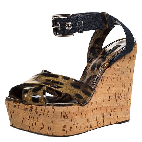 Dolce & Gabbana Leopard Print Patent Leather And Blue Denim Cork Wedge Platform Sandals Size 41 - Dolce & Gabbana - Modalova