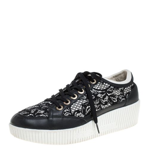 Dolce & Gabbana Black Leather/Lace, and Fabric Wedge Sneakers Size 38.5 - Dolce & Gabbana - Modalova