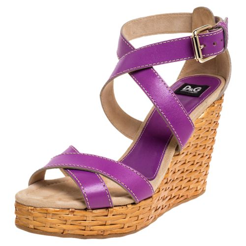 Dolce & Gabbana Purple Leather Ankle Strap Raffia Wedge Sandals Size 37 - Dolce & Gabbana - Modalova