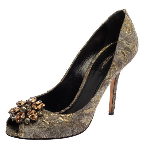 Dolce & Gabbana Grey Floral Print Brocade Fabric Bellucci Crystal Embellished Peep Toe Pumps Size 40 - Dolce & Gabbana - Modalova