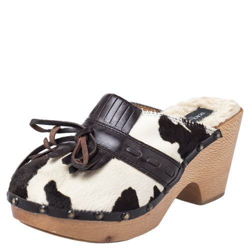 Dolce & Gabbana Brown Calf Hair And Leather Bow Fringe Detail Wooden Clogs Size 39 - Dolce & Gabbana - Modalova