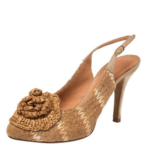 Dolce & Gabbana Tan And Beige Leather And Raffia Flower Slingback Pumps Size 37 - Dolce & Gabbana - Modalova