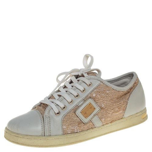 Dolce &Gabbana White/Brown Leather Sequin Embellished Sneakers Size 34 - Dolce & Gabbana - Modalova