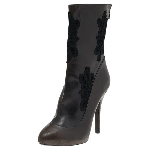 Dolce & Gabbana Dark Brown/Black Leather and Lace Ankle Boots Size 39 - Dolce & Gabbana - Modalova