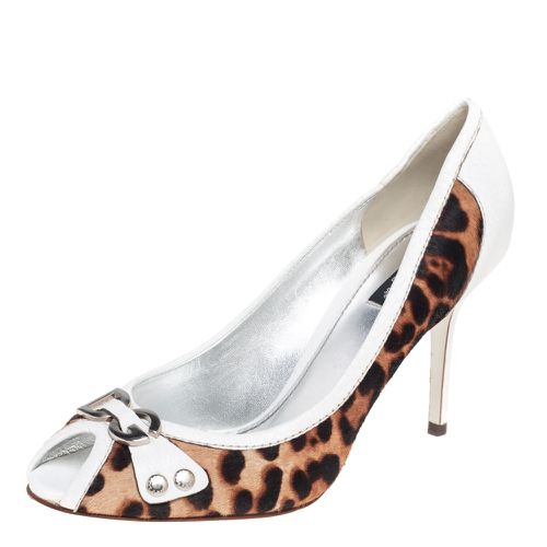 Dolce & Gabbana White/Brown Leather and Calf Hair Logo Detail Peep-Toe Pumps Size 41 - Dolce & Gabbana - Modalova