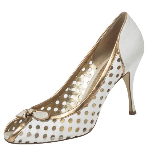 Dolce & Gabbana White/Gold Perforated Leather Bow Detail Peep Toe Pumps Size 41 - Dolce & Gabbana - Modalova