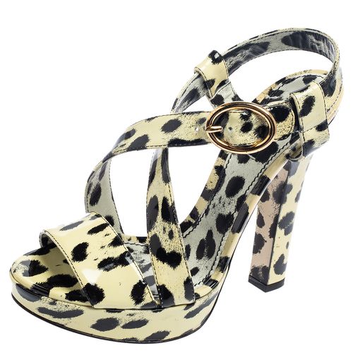 Dolce & Gabbana Yellow/Black Animal Print Patent Leather Cross Strap Platform Sandals Size 38.5 - Dolce & Gabbana - Modalova