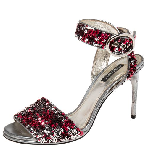 Dolce & Gabbana Pink/Silver Leather And Sequins Ankle Strap Sandals Size 38.5 - Dolce & Gabbana - Modalova