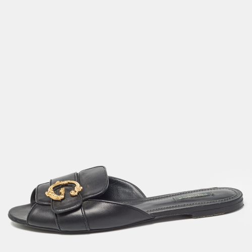 Dolce & Gabbana Black Leather Devotion Flat Slides Size 42 - Dolce & Gabbana - Modalova