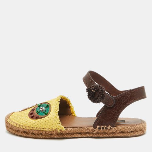 Dolce & Gabbana Brown/Yellow Raffia and Leather Pineapple Kiwi Patch Espadrille Sandals Size 40 - Dolce & Gabbana - Modalova